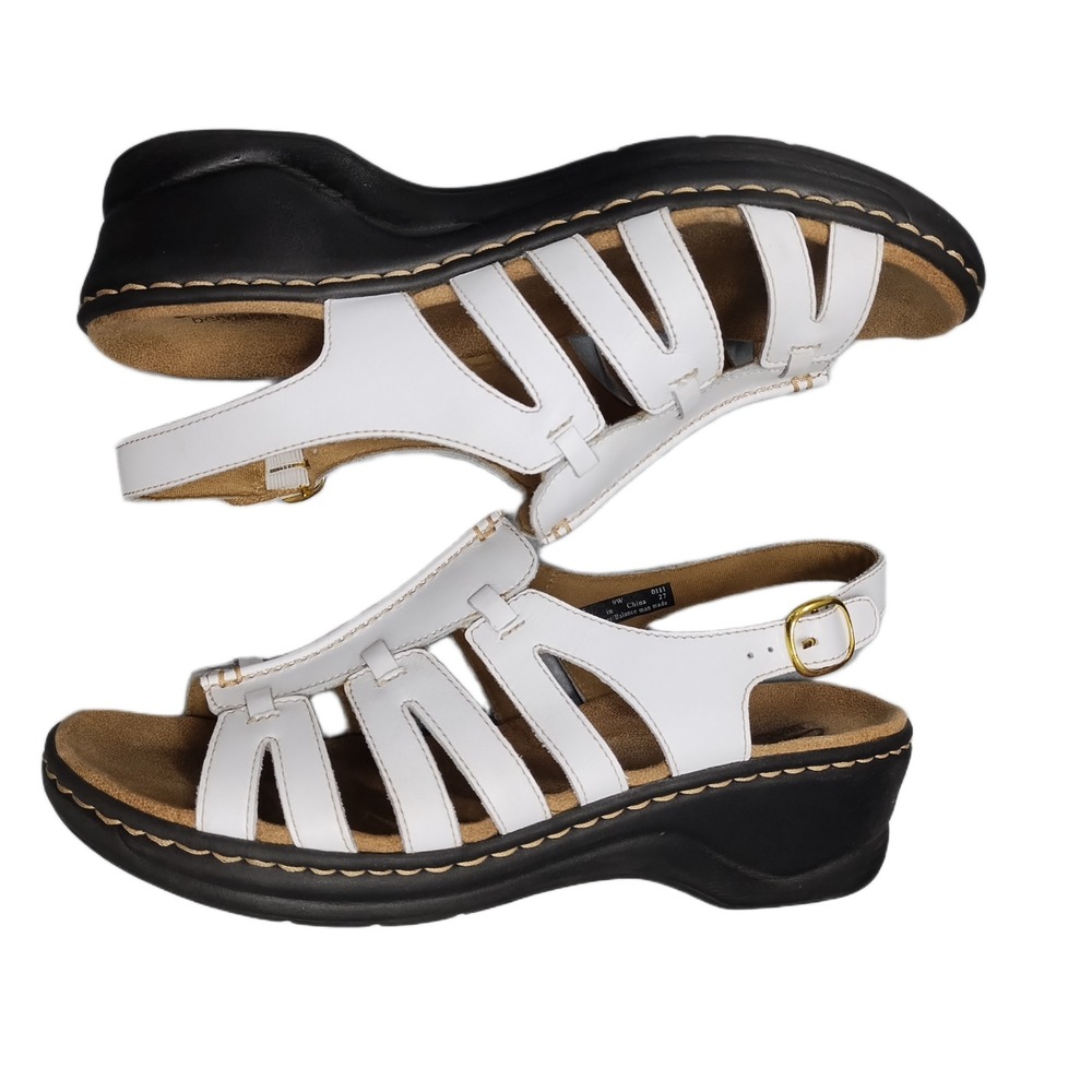 Clarks White Leather Slingback Comfort Sandals with Gold Buckle